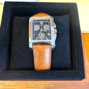 Baume & Mercier Hampton Cad Blanc chronograph watch with ostrich leather strap.